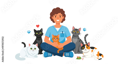 A friendly veterinarian wearing blue medical scrubs sits on the floor while surrounded by five diverse and happy cats in a bright clinical environment.