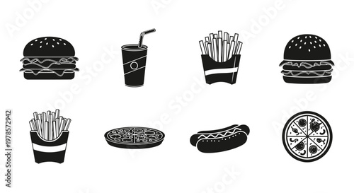 Fast food icons with burgers fries and drinks black silhouette vector.