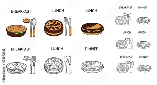Food meal icons with breakfast lunch and dinner options set vector.