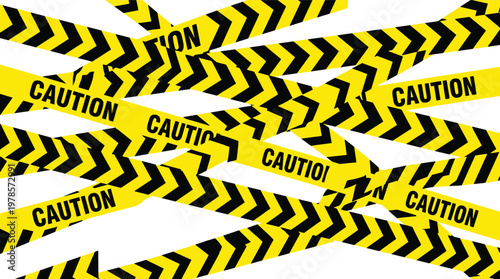 Yellow and black caution tapes with chevron patterns on a white background creating a sense of warning and alertness in a vector graphic illustration design