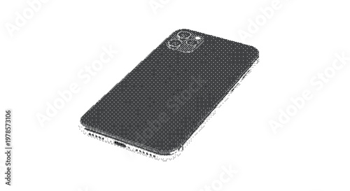Dark sleek modern smartphone device shown from back angle with camera lenses isolated on white background using a halftone texture