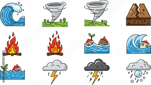 Natural Disaster Vector Set Featuring Waves, Tornadoes, Floods, Fires, and Storms for Emergency, Environment, and Weather Design Projects