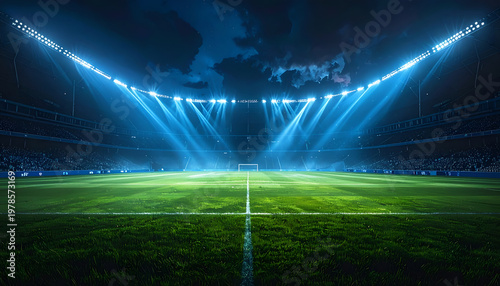 Illuminated soccer stadium at night under dramatic sky with bright spotlights shining on lush green field for a high-energy match