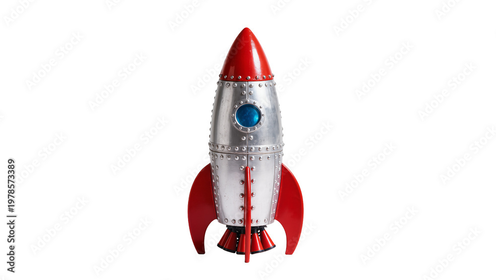 Fototapeta premium Retro silver rocket with red fins and nose cone, isolated on transparent background