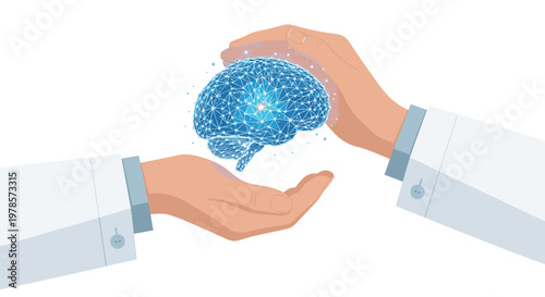 Professional hands in white lab coats gently cradle a glowing interconnected digital brain mesh representing advanced neurological research in clinical light.