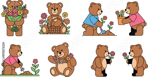 Gardening Bear Vector Set Featuring Bears Planting Flowers, Carrying Baskets, and Gardening Activities for Nature, Gardening, and Cute Animal Designs
