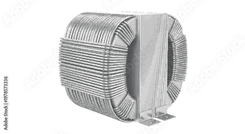 Industrial high voltage electrical transformer core with copper wire windings isolated on white background for engineering and power distribution technology concepts