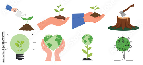 Set of ecology vector featuring hands holding green plants and the world globe to promote the concept of save tree and save the planet.
