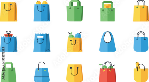 Vibrant shopping bags filled with items on a plain surface in Untitled-49.eps