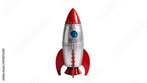 Retro silver rocket with red fins and nose cone, isolated on transparent background