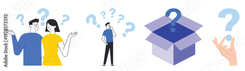 Set of Question Mark Concept Illustrations with Confused People Open Box and Hand Gesture Vector.