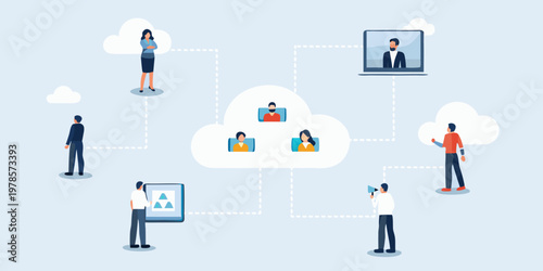 People connected through a network collaborating remotely via digital devices