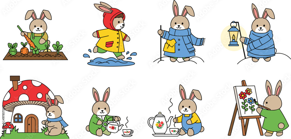 Fototapeta premium Adorable Bunny Vector Set Featuring Bunnies Gardening, Painting, Exploring, and Enjoying Outdoor Activities for Animal, Nature, and Creative Designs