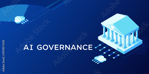 Isometric illustration depicting ai governance with architectural elements and data streams