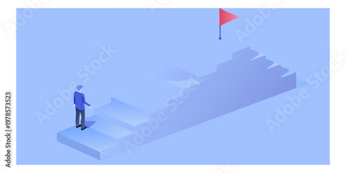 A lone figure stands at the base of a long ascending staircase