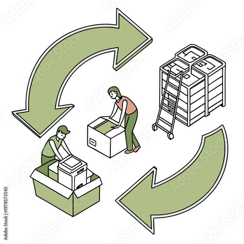 A vector graphic illustrating the process of recycling and reusing cardboard boxes in a warehouse setting