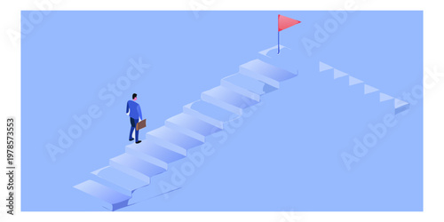 A businessman ascends an endless staircase towards a distant red flag
