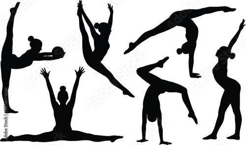 Black silhouettes of gymnasts performing various poses