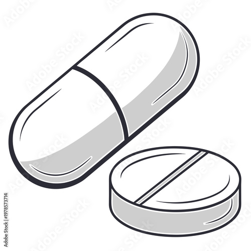 A vector graphic illustration of two pills on a white background