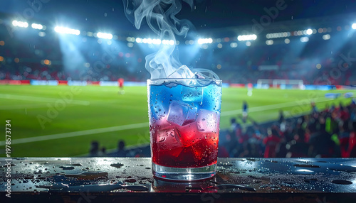 Vibrant Red and Blue Cocktail with Smoke Effect at a Night Football Stadium.