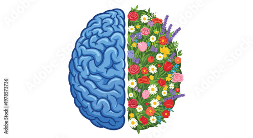 A vibrant blue anatomical brain hemisphere sits beside a dense colorful right side overflowing with blooming roses and wildflowers in a flat art style.