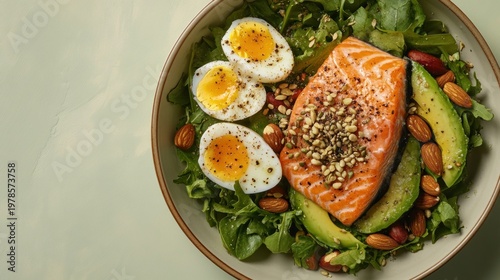 Healthy food, salmon fillets, eggs, nuts, seeds, quinoa.