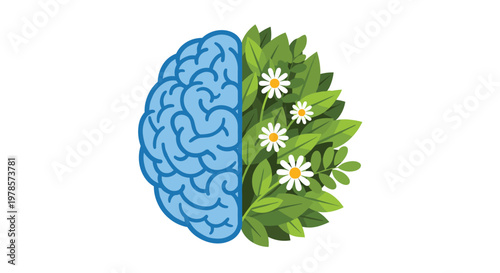 The anatomical blue brain hemisphere contrasts sharply with a lush organic right side adorned with delicate white daisies in this bright flat design.
