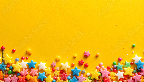 Colorful Star Sprinkles on Yellow Background for Festive Celebrations.