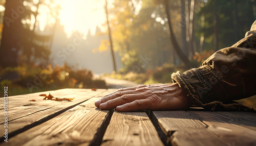 Hand resting on a wooden picnic table in a sun-drenched autumn forest.