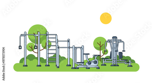 Outdoor public gym area featuring various exercise machines and pull-up bars surrounded by lush green trees under a bright yellow sun in a park setting.