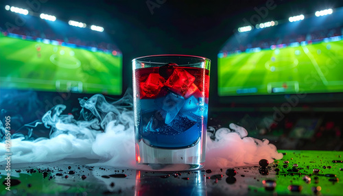 Vibrant Red and Blue Cocktail with Dry Ice Smoke in a Stadium Setting.