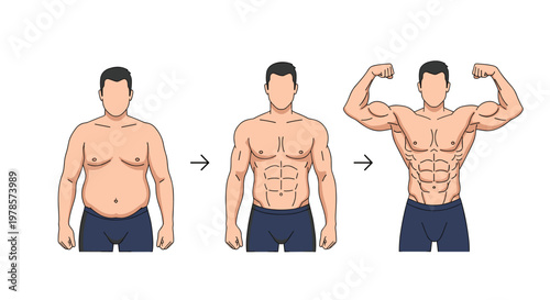 Three stage progression of a male body from an overweight state to a muscular and defined physique with arrows indicating the fitness development path.