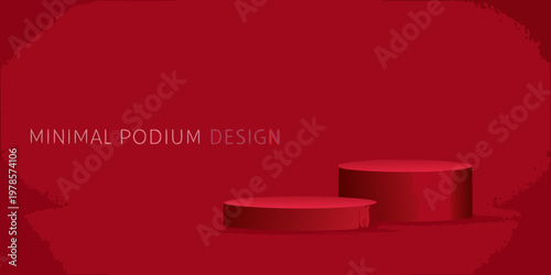 Red minimalist podium display with two cylindrical platforms for product showcase