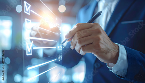 Businessman checking virtual checklist on digital screen with stylus.