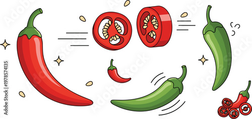 Spicy chili pepper vegetables whole and sliced hot capsicum ingredient cartoon flat vector illustration set