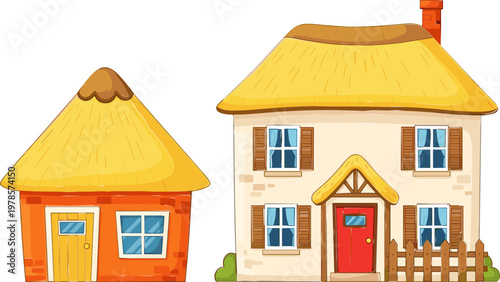 Cozy Cottages with Thatched Roofs for Fairy Tale, Rural, and Home Design Illustrations