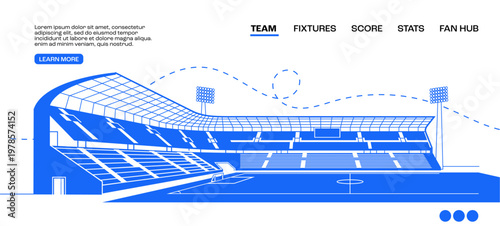 Soccer stadium landing page UI design with football pitch illustration modern sports website interface concept