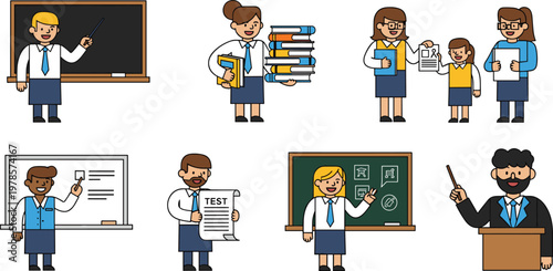 Teacher and Classroom Vector Set Featuring Teachers, Students, Blackboard, Books, and School Activities for Education, Learning, and Classroom Designs