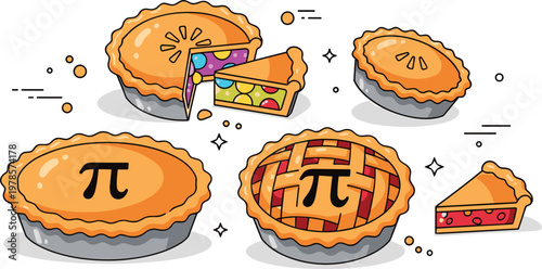 Sweet pie desserts with fruit filling lattice crust and sliced pieces bakery treat cartoon flat vector illustration collection
