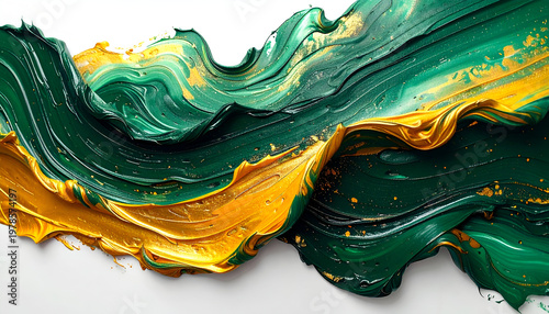 Vibrant Green and Gold Oil Paint Swirls on White Background.