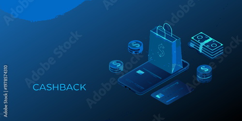 Cashback rewards depicted with a shopping bag phone and money