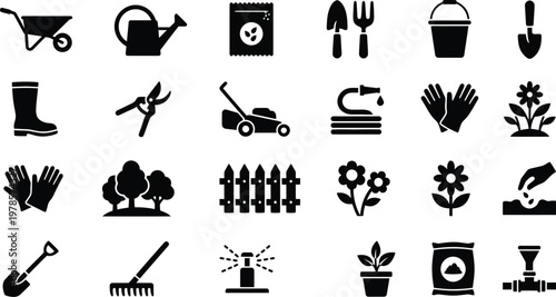 Black christmas ornaments in various shapes hanging from strings on white background, vector graphic illustration