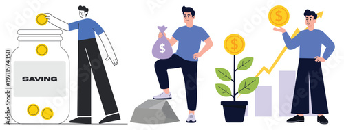 Set of savings and investment growth vector illustrations with man putting coin in jar, holding money bag, financial plant growth, dollar coin, and profit increase concept.