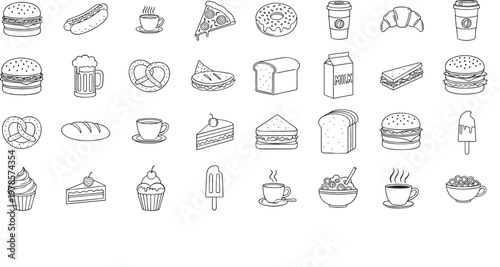 Hand drawn food doodle icon set featuring burger, pizza, coffee, cake, donut, bread, noodles and dessert outline illustrations collection