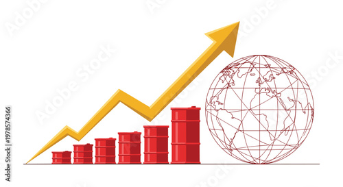 Red petroleum barrels stand in ascending order beside a detailed wireframe globe under a sharp rising golden arrow indicating global market growth trends.