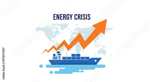 Blue cargo ship navigates beneath a prominent orange arrow indicating a sharp upward trend in an energy crisis scenario against a subtle world map backdrop.