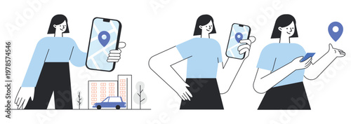 Set of car booking and mobile navigation vector illustrations with woman holding smartphone, location pin, city map, ride hailing, and online transport app.