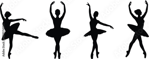 Four black silhouette ballerinas in various ballet poses
