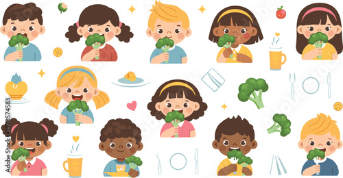 Cute kids eating broccoli and healthy vegetables, happy children enjoying nutritious food cartoon vector illustration set for healthy eating education