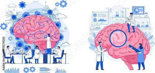 Creative Thinking and Personal Growth Illustration with Human Head Gears Watering Plants and Flower Development, Innovation Mindset Vector Concept Set